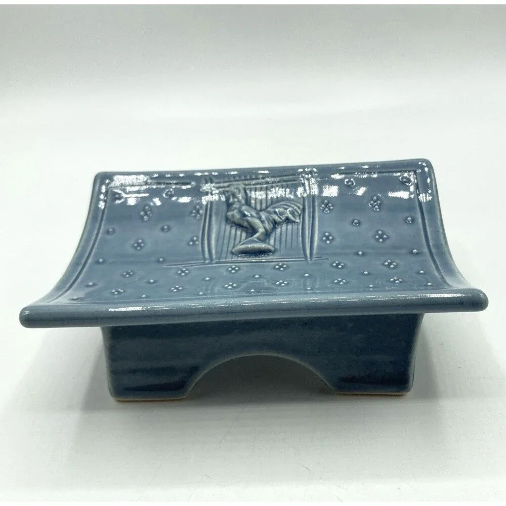 Studio Art Pottery Rooster Chicken Pedestal Soap Trinket Dish Ceramic Signed JB